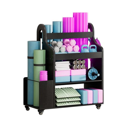 Home Gym Storage Rack Yoga Mat Holder with Wheels and Hooks, All in One Workout Storage for Yoga Mat, Foam Roller,Small Dumbbells, Kettlebel Gym Organizer Storage for Home Exercise(Wood)