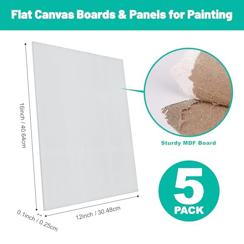 Canvas Boards 5-Pack 12"x16" – Flat Canvas Panels, Primed Polyester | Rigid Flat Panel, Acid-Free Primed Surface, Warp-Resistant Backing, Smooth Painting Texture, Ideal For Acrylic & Oil Painting