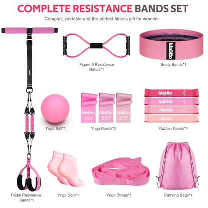WALITO 15 PCS Pilates Kit, Adjustable Pedal Resistance Band with Handle, Figure 8 Resistance Band for Exercise Women, At Home Workout Equipment Set with Yoga Ball & Booty Bands for Full Body Gym - color: Pink