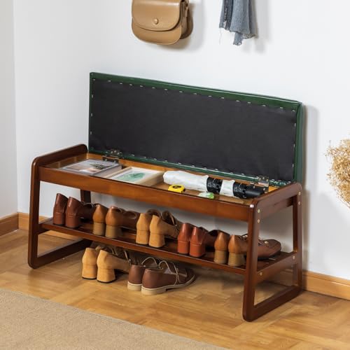 SOBIBO Solid Wood Shoe Rack Bench with Flip-Top Storage, Green, 39.4" | Mid-Century Modern, Flip-top Hidden Storage, Faux Leather Cushion, 600lb Capacity, Ideal for Entryway, Hallway, Bedroom - color: Green(flip‑top), size: 39.4 inches