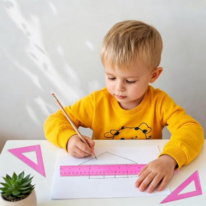 Plastic Clear Ruler Math Set - 6'' 12'' Transparent Straight Ruler, 4'' 6'' Protractor, 30/60 & 45/90 Triangle Ruler,Geometry Math Measuring Tool for School Home Office Drawing Teachers Kids Hot Pink - color: Hot Pink