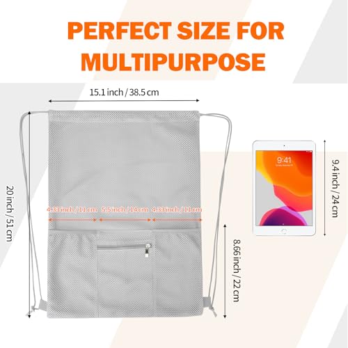 NATURAL STYLE Mesh Drawstring Backpack Bag, Gym Sports Bag with Zipper Pocket Bottle Holder, String Beach Bag for Swiming Travel (Grey) - color: Grey