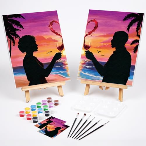 VOCHIC Sip and Paint Kit for Adults Couples Pre Drawn Canvas Painting Kit | Art Party Set for Adults Date Night Sunset Beach 2 Pack (8 x 10 Inches, Wine Glass Couple) - size: 8x10, style: Wine Glass Couple