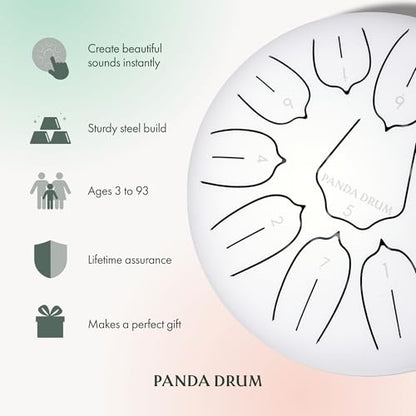 Panda Drum Plus (White) | Steel Tongue Drum for Inside & Outside | 11 Inch | with Music Book, Mallets, Carrying Bag & Finger Picks | 432 Hz Rain Drum | Calming Musical Instrument for Adults - color: 1-White