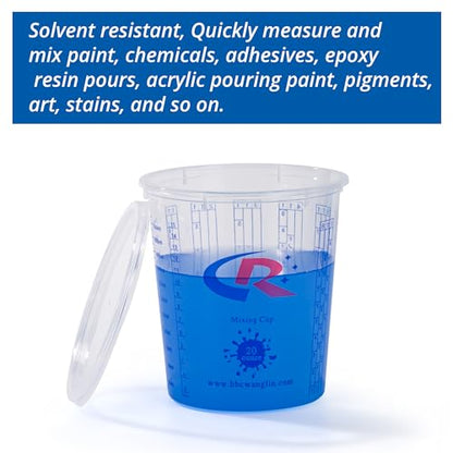 Paint Mixing Cup 20 Ounce, Accurate Measurements in Ratios and OZ. and ML, 100PCS Plastic Graduated Measuring Cups with 12PCS Lids for Paint, Resin, Epoxy, Acrylic, Pigments, Art