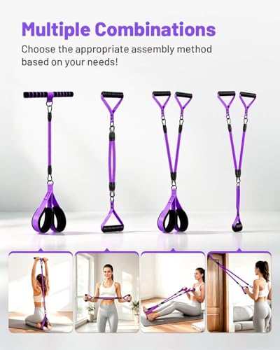 Multifunction Pedal Resistance Band with Handle, 4 Tubes 30/40/50LB Adjustable Foot Pedal Puller Resistance Band with Foam Handle& Storage for Men Women Core, Arm, Legs, Body Workout Home Gym, Purple