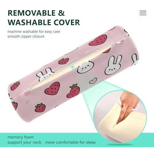 Bolster Pillow Neck Pillow Round Soft Health Memory Foam Pillows Long Cylindrical Body Pillow with Removable Cover Cute Back Yoga Bunny Pink Strawberry Hearts 17" x 5.5" - color: Bunny Pink Strawberry Hearts