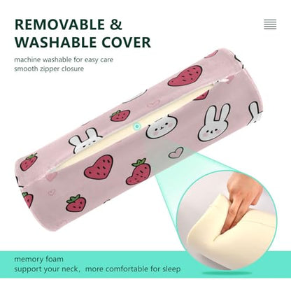 Bolster Pillow Neck Pillow Round Soft Health Memory Foam Pillows Long Cylindrical Body Pillow with Removable Cover Cute Back Yoga Bunny Pink Strawberry Hearts 17" x 5.5" - color: Bunny Pink Strawberry Hearts