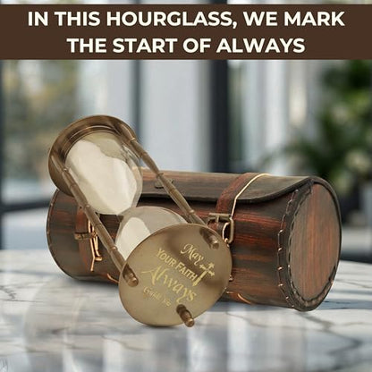 Antique Brass Sand Timer with Leather Case – Sand Timer with “May Your Faith Always Guide You” Engraving – Christian Gift for Men, Women, Religious Home Décor
