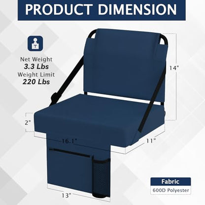 2pcs Stadium Seat for Bleachers with Back Support，Portable Bleacher Chairs with Back and Cushion，Includes Shoulder Strap and Cup Holder - color: Navy,2 Pack