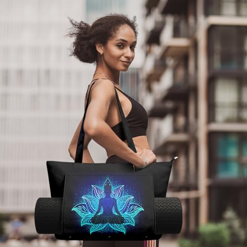 Yoga Bag for Women, Large Canvas Yoga Mat Tote Bag with Yoga Mat Carrier - color: Blue Lotus