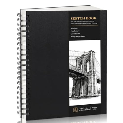 Hardcover Spiral Sketchbook, 160gsm Paper, 40 Sheets, 8.5 × 11 in | Acid-Free Thick Paper, 360° Lay-Flat Spiral Binding, Hardcover, for Pencil, Ink & Charcoal