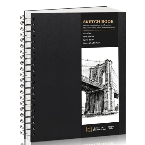 Hardcover Spiral Sketchbook, 160gsm Paper, 40 Sheets, 8.5 × 11 in | Acid-Free Thick Paper, 360° Lay-Flat Spiral Binding, Hardcover, for Pencil, Ink & Charcoal