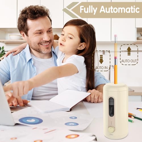 deli Electric Pencil Sharpener, Fully Automatic Pencil Sharpener, Beige | Suitable for 6.9-10.8mm Colored/Jumbo Pencils, Auto in & Out, Rechargeable Hands-Free Sharpener for Classroom Home Office， - color: Beige