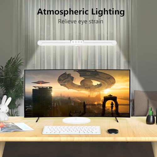 Led Desk Lamp with Atmosphere Lighting, Rotatable Tall Architect Desk Lamp for Home Office with Swing Arm, 24W Bright Auto Dimming Adjustable Computer Light with Base for Table - color: White