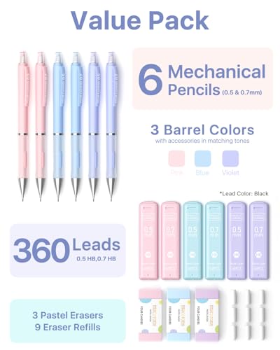 Four Candies 6-Pack Pastel Mechanical Pencil Set with Case | 0.5/0.7mm, 360 Leads, 3 Erasers+9 Refills, Cute Pink/Purple/Blue Barrels, Non-Slip Grip, For Writing, Notes & Drawing - style: 0.5mm+0.7mm