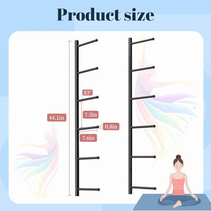 Yoga Mat Holder Wall Mount with 12 Straps, 6 Tier Metal Yoga Mat Storage Rack Home Gym Exercise Workout Equipment Organizer for Foam Roller Resistance Bands
