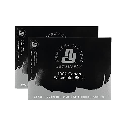 New York Central 100% Cotton Watercolor Paper Blocks 2 Pack 140lb/300gsm 12x16 - Cold Press Acid-Free Premium Watercolor Paper for Artists, Painting, Water Media, Professionals, & More - size: 12x16" - 2 Pack