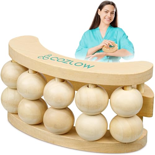 Wooden Massage Ball Roller - Supports Lymphatic Drainage and Pain Relief | Cozlow - wood massager w/ 10 rolling balls & easy grip - whole body muscles relaxation - may help reduce cellulite appearance - color: Wood