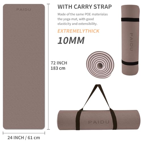 PAIDU POE Yoga Mat （10mm）Extra Thick Fitness Mat 72"x24" with Carry Strap | Non-slip, tear-resistant and suitable for all ages, perfect for yoga, Pilates, home gym and full-body workouts. - color: Dark Brown & Beige