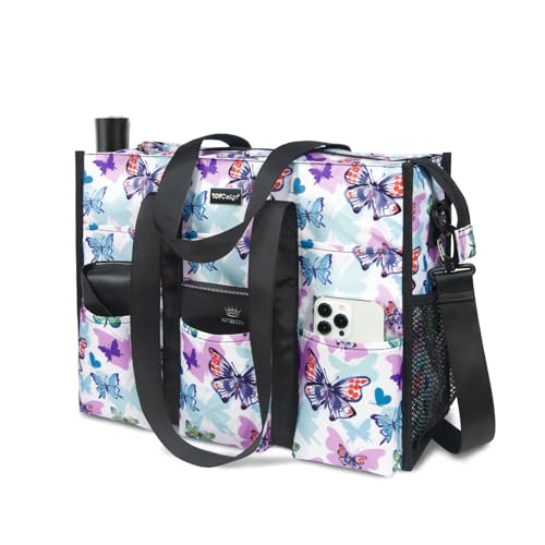 TOPDesign Utility Water Resistant Tote Bag with 22 Pockets, Top Zipper Closure & Thick Bottom Support, for Working Women - color: Butterfly, size: Large