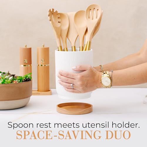 STYLED SETTINGS White Ceramic Utensil Holder with Built-In Wooden Spoon | 2 Piece Set for Kitchen Countertop Organization, Ceramic Utensil Crock & Wood Spoon Rest - color: White and Brown