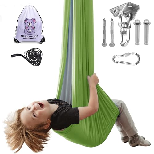 MINGLEWOOD Sensory Swing Bundle – 360° Swivel Hanger – Complete Set for Children – Special Needs: Anxiety, ADHD, Autism & Sensory Disorders - color: Green/Gray