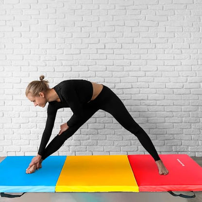 BalanceFrom 6x2 Feet 3-Panel Folding Gymnastics Mat – 1.5-Inch Thick Pad with Vinyl Surface and Carrying Handles for Tumbling, Yoga, Pilates, Home Workouts, and Martial Arts - color: Multi-Color