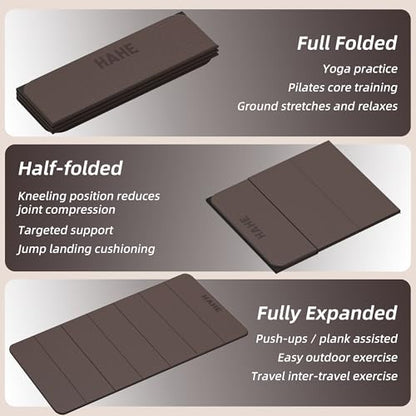 HAHE Foldable Yoga Exercise Mat, 74"Lx32"Wx1/3"Thick, TPE Workout Mat - color: Dark Brown+Black