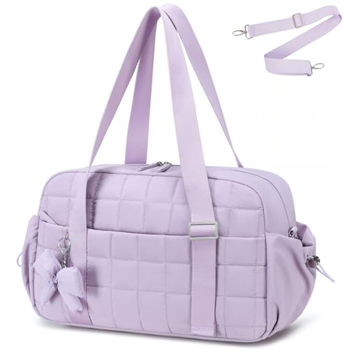 CAMTOP Mini Gym Bag for Women, Small Gym Tote Bag Puffy Quilted Sports Duffel Bag with Wet Compartment and Coin Purse Duffel Bags Dance Yoga Workout Bag for Gifts (Purple, Medium-16") - color: Purple, size: Medium-16"