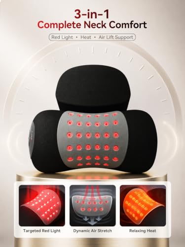 FliKEZE Neck Support Pillow with Air Lift Massage | Dynamic air lift support with dual-wavelength red light, gentle heat, cordless design and removable small pillow, Black