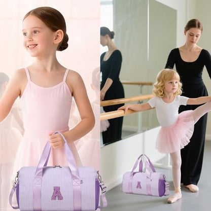 Personalized Initial Dance Bag for Girls,Small Gym Sport Yoga Dance Bags Gift for Kid,Cute Letter Kid Weekender Ballet Bags,Toddler Travel Duffle Tote with Adjustable Straps(Purple-A) - color: Purple, style: A