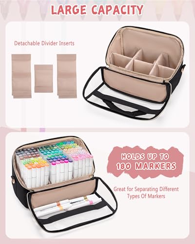 Marscamd Quilted Marker Organizer Case Holds 180 Markers, Marker Storage Organizer Bag with Dividers and Detachable Crossbody Strap, Black - color: Black