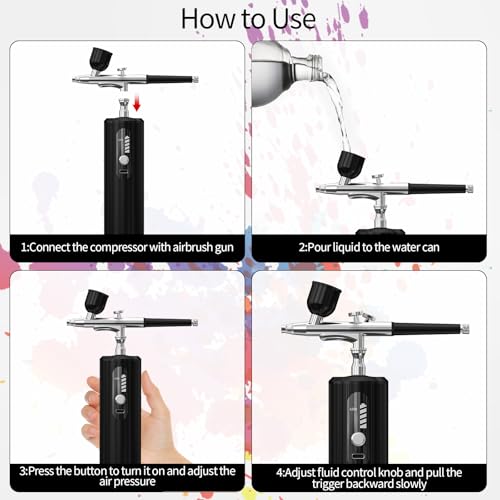 AirBrush Kit with Compressor dual-action airbrush Rechargeable Handheld Air brush for nails，Painting ，Makeup，Barber，Cake，Mode (Black)