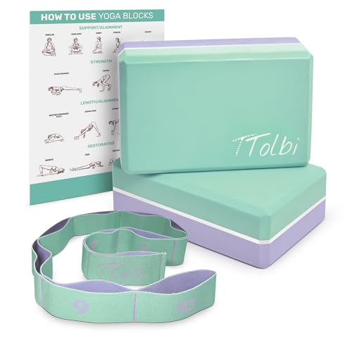 Yoga Blocks 2 Pack with Strap and Guide – Soft Non-Slip EVA Foam Blocks | High-Density Pilates Blocks for Home Workouts, Dance, Ballet, Gymnastics & Stretching Exercise, Dance Accessories and Gifts - color: Mint/Purple & Stretch Band Mint