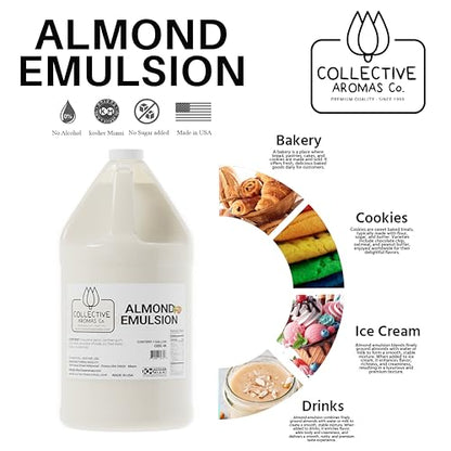 Collective Aromas Co. Almond Emulsion for Baking, Concentrated Almond Flavoring for Cakes, Cookies, Frosting & Fillings, Heat- Stable Liquid, 1 Gallon 128 fl oz, Kosher, Made in USA - size: Almond - 1 Gallon (128 fl oz)