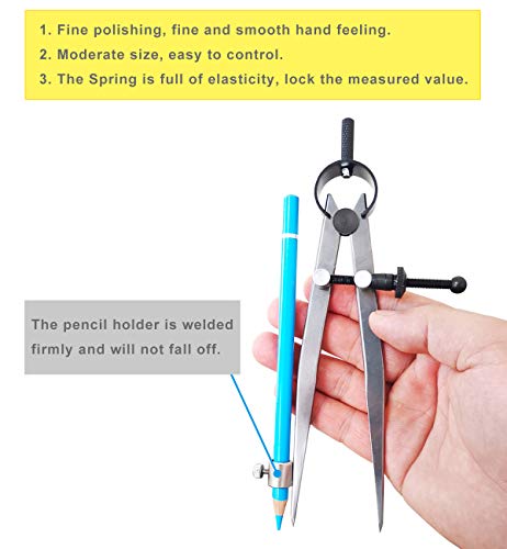 6 inch Professional Leather Work Divider, Woodworking Compass with Pencil Holder, Spring Divider Wing Compass