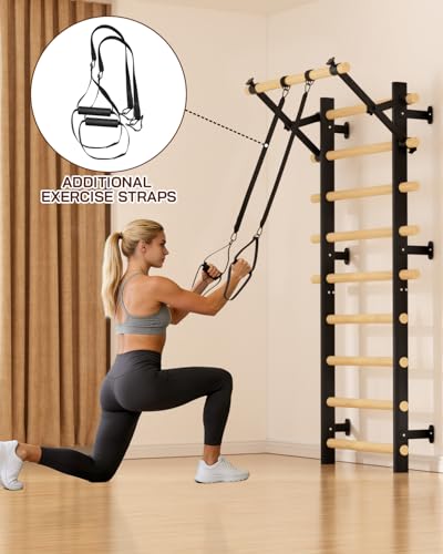 Cofiyard Swedish Ladder Wall Gym, Wooden Wall-Mounted Stall Bars with Pull-up Bar & Exercise Straps & Dip Bars, Stretching Ladder Full Body Home Gym Adults New - color: Black