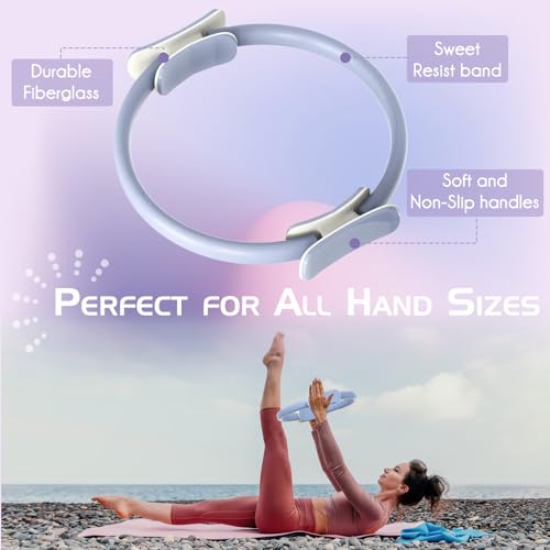 Pilates Ring Set: 35cm Magic Circle with Dual Padded Handles, Pilates Mini Ball, and Resistance Bands (15, 25, 35 lbs) for Strength, Flexibility, Stability, and Body Toning - color: Blue-Essential