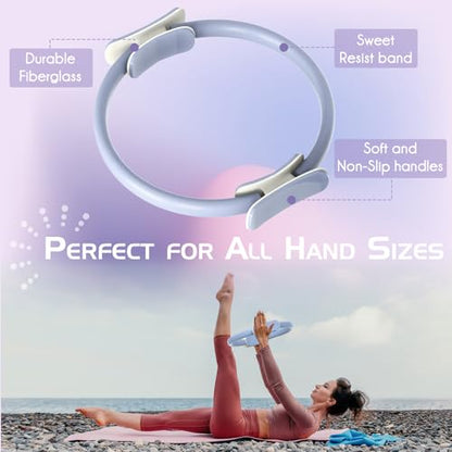 Pilates Ring Set: 35cm Magic Circle with Dual Padded Handles, Pilates Mini Ball, and Resistance Bands (15, 25, 35 lbs) for Strength, Flexibility, Stability, and Body Toning - color: Blue-Essential