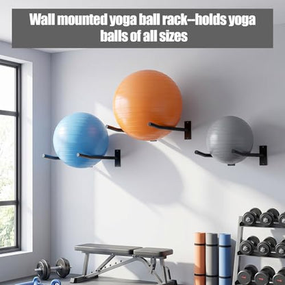 4Pcs Wall Mount Exercise Ball Holder, Heavy Duty Ball Holder Wall Mount, Metal Yoga Ball Rack for Stability Balls, Yoga Mats, Gym, Garage, Home Storage, Black