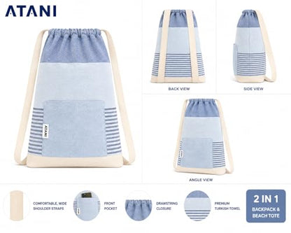 ATANI Turkish Beach Towel, Converts to a Bag, Oversized 100% Cotton Bath Towels Lightweight Quick-Dry Beach Blanket for Travel, Picnic, Camping, Yoga and Pool (Blue, 71 inc x 39 inc) - color: Blue, size: 71 inc x 39 inc