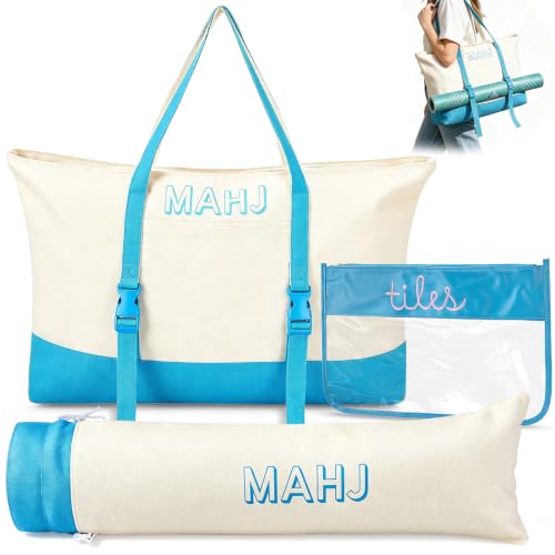 Mahjong Bag Storage Carrying Case for Tiles with Shoulder Strap (Blue) | 3-Bag System, External Mat Strap, Large Capacity, Lightweight Canvas, Reinforced Stitching, Fast Packing. - color: Blue