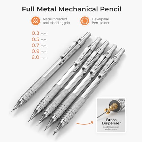 Nicpro Metal Mechanical Pencil Set 5 PCS Art Drafting Pencils For Sketching | 0.3, 0.5, 0.7, 0.9 mm & 2mm Graphite Lead Holder For Drawing With 9 Tubes (4B 2B HB 2H Colors) Lead Refills Erasers Case - color: Silver, style: 0.3 0.5 0.7 2.0