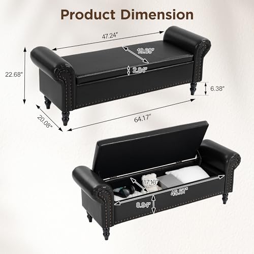 FiveWillowise 64” Storage Benches, End of Bed Bench with Storage, Black - color: Black, size: 64-inch