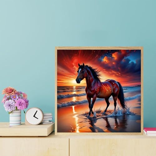 KTHOFCY 5D DIY Animal Horse Diamond Painting Kits for Adults,Beach Flaming Hoof Royal Horse Full Drill Embroidery Stitch Crystal Rhinestone Paintings Arts Wall Decor Painting Dots Kits 11.8X11.8inch