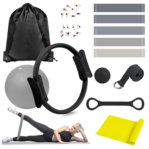 HASHMUST Pilates Ring Kit 12 PCS for Women, Home Workout Equipment with Magic Circle, Mini Exercise Ball, Resistance Bands, Massage Lacrosse, Yoga Strap, Full-Body Fitness Set for Toning & Gift - color: Black