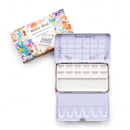 Bower Bird Travel Watercolor Palette,Portable Ceramic Palette,Empty Paint Palette,Small Travel Metal Paint Boxwith Porcelain Palette - color: 12well