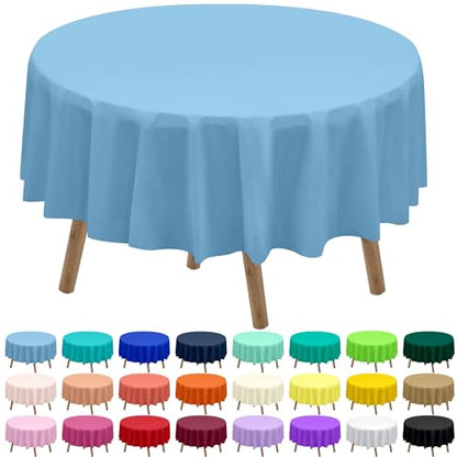 PARTY ULYJA Light Blue Plastic Tablecloths 2 Pack Disposable Table Covers 84 Inch Circle Baby Shower PEVA Sky Blue Table Cloths for Picnic Birthday Wedding Banquet Parties 6 ft Round Table Use - color: A01 Light Blue