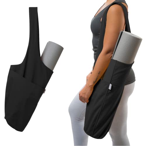Yogiii Yoga Mat Bag | The ORIGINAL YogiiiTote | Yoga Mat Carrier Tote Sling w/Large Side Pocket & Zipper Pocket | Fits Most Size Mats - color: Obsidian Black